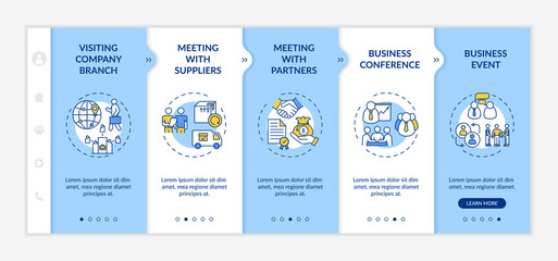 Business travel types onboarding vector template. Visiting company branch. Meeting with suppliers. Responsive mobile website with icons. Webpage walkthrough step screens. RGB color concept