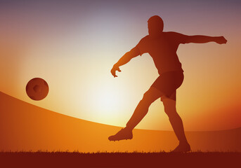 Fototapeta na wymiar Concept de l’action de jeu au football avec un joueur attaquant qui frappe le ballon, pour marquer un but lors d’un match de championnat.