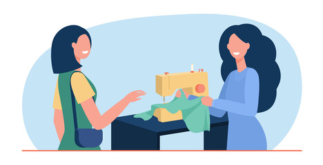 Tailor sewing cloth for female customer at machine. Seamstress talking to client in studio. Flat vector illustration. Fashion designer, craft job concept for banner, website design or landing web page