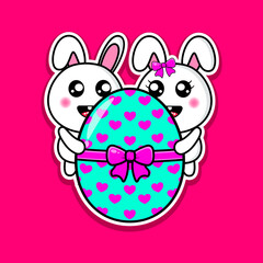 cute couple bunny hugging a big easter egg design kawaii