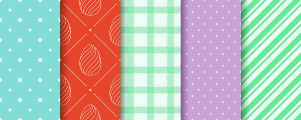 Easter seamless Patterns collection in pastel colors. Eggs, Gingham, Polka Dot and Striped pattern set. Endless texture for web, picnic tablecloth, wrapping paper. Pattern templates in Swatches panel.