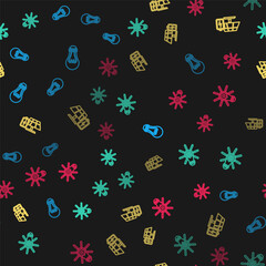 Set line Light bulb, with gear, Solar energy panel and battery and on seamless pattern. Vector.