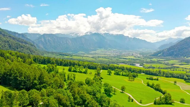 Rotating shot of the natural scenery with beautiful fields of Maienfeld, Switzerland; the hometown of the protagonist Heidi in the famous novel Heidi