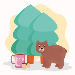 bear grizzly with pines trees scene vector illustration design
