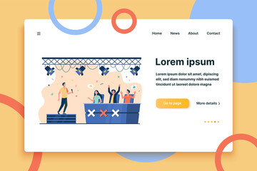 Vocal competition event. Performer singing on stage before jury celebrities. Vector illustration for TV talent show, television, contest concepts