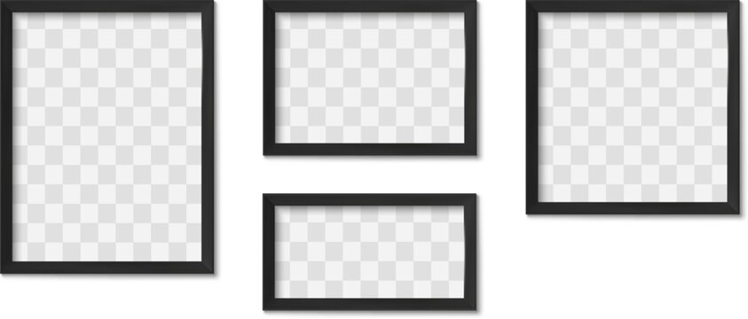 Black photo frames. Blank modern simple image square borders with shadow for gallery. Isolated art framing design vector realistic 3D mockups. Elegant minimalistic decor for interior