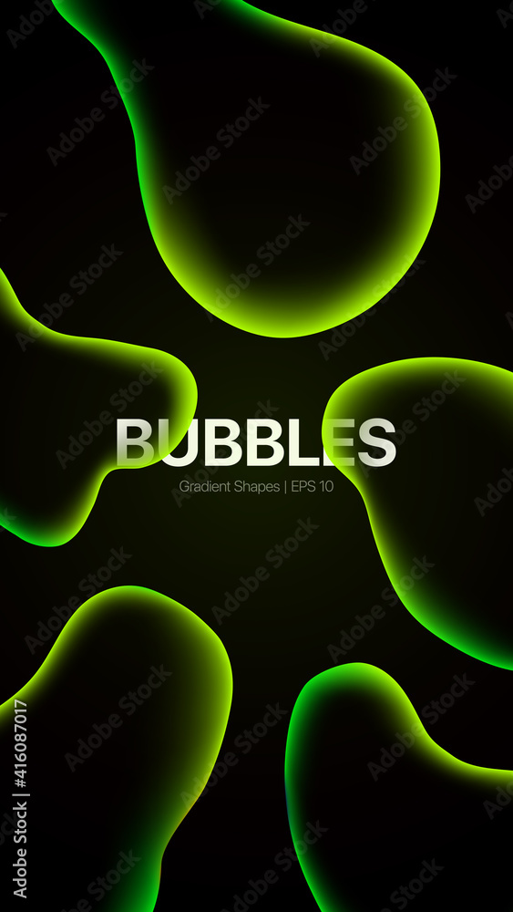Poster bubbles abstract background for social media. green abstract fluid shapes on black background. vecto