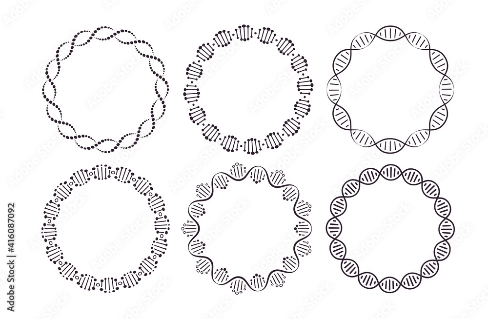 Poster dna round frames. circle framing with genome helix structure isolated on white background vector set
