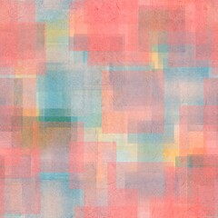 Seamless overlaid geometric shape pattern print. High quality illustration. Transparent rectangles filled with gradient colors scattered. Handmade paper texture overlay.