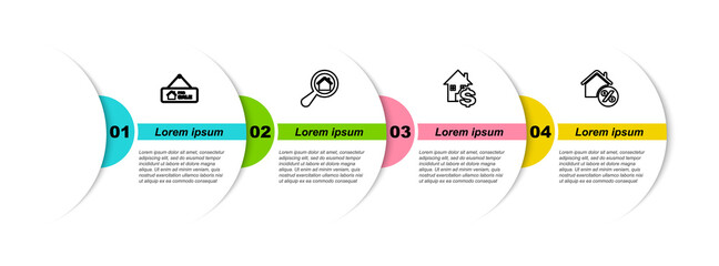 Set line Hanging sign with For Sale, Search house, House dollar and percant. Business infographic template. Vector.