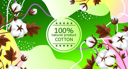 trendy and creative banner template with hand drawn cotton twigs and spots and dots. Botanical composition with gradient and label. Advertising for 100% natural products