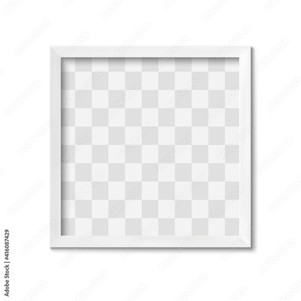 Poster white frame. empty gray simple photo square border with shadow on gallery wall. isolated interior de