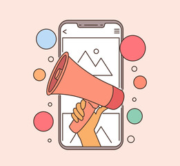 Mobile marketing and digital marketing concept. Hand holding megaphone coming out from smartphone. 