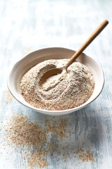Wholegrain wheat flour for making bread. Close-up. Healthy eating