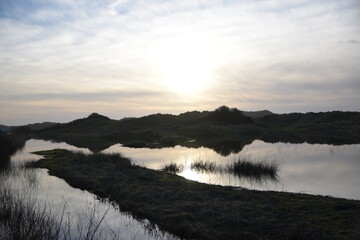 the sand dunes of ynyslas wales reflected in the flooded waters  next to the road 