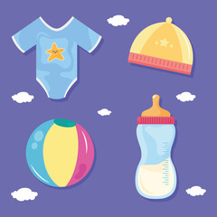 bundle of four baby shower icons in purple background vector illustration design