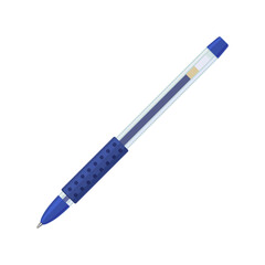 Blue gel pen in transparent plastic case with rubber grip. Vector illustration