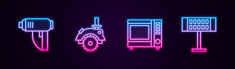 Set line Electric industrial dryer, circular saw, Microwave oven and heater. Glowing neon icon. Vector.