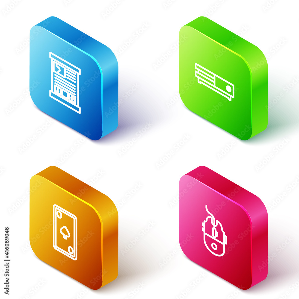 Poster set isometric line game guide, video game console, playing card with diamonds and computer mouse gam