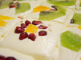 close up delicious cake decorated with various fruits