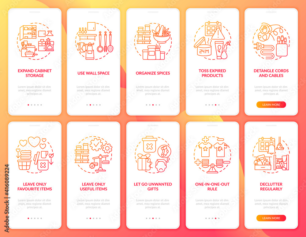 Poster expand cabinets storage space onboarding mobile app page screen with concepts set. living useful ite