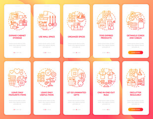 Naklejka premium Expand cabinets storage space onboarding mobile app page screen with concepts set. Living useful items walkthrough 5 steps graphic instructions. UI vector template with RGB color illustrations