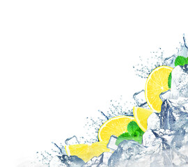 lemon water splash and ice cubes isolated on white background