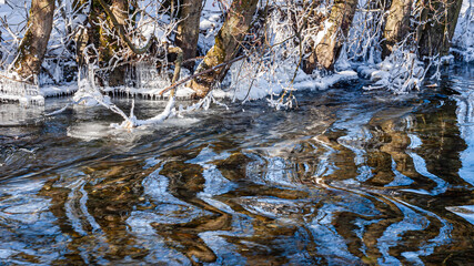 Frozen bank and water of a small river in the winter; reflections of the trees deformed by the streaming water. Interesting texture, smooth lines, bright colours.