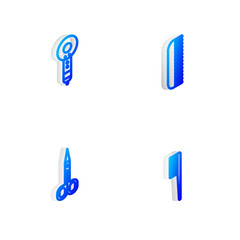 Set Isometric line Hairbrush, dryer, Scissors and icon. Vector.