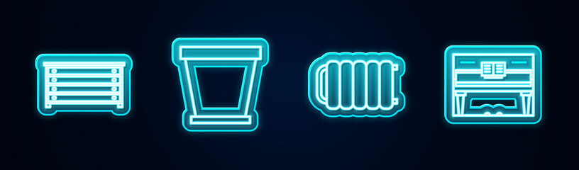 Set line Chest of drawers, Flower pot, Heating radiator and Grand piano. Glowing neon icon. Vector.