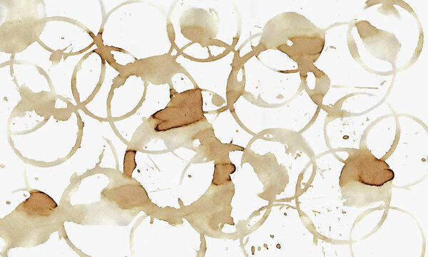 Background with coffee or tea spots. Coffee time. Illustration for cafe menu. Dirty cup splash three rings stain or coffee stamp © Ovaculart