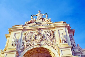 Triumphal Arch of Rua Augusta in the city of Lisbon in Portugal, a majestic arch that opens into the interior of the Baixa district that connects the great Commerce Square to Rua Augusta