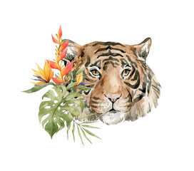 Watercolor cute tiger and floral tropical bouquets. Exotic wild cat, realistic animals, tiger and plants, flowers. 