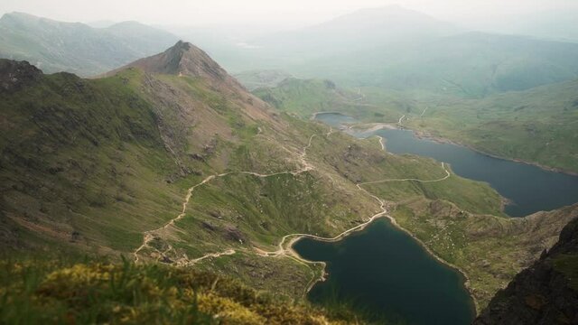 Snowdon view on Pyg Track, Llyn Llydaw and Glaslyn lake on a cloudy day