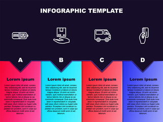 Set line Wallet, Delivery hand with boxes, cargo truck vehicle and Hand holding credit card. Business infographic template. Vector.