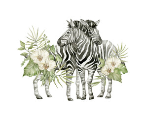 Watercolor cute zebras and floral tropical bouquets. Exotic savannah animal, zebra and plants, flowers. 