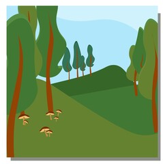 Spring vector landscape. Landscape with mountains and trees. Mushrooms in the forest. Hills. Blue summer sky. Vector illustration
