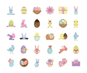set easter rabbits eggs chicken flower basket gifts and butterfly icons
