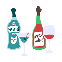 Blue martini and red wine bottle and wineglass on white background. Cartoon sketch graphic design. Doodle style. Hand drawn image. Party drinks concept. Freehand drawing style