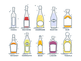 Flat line icon with bottle alcohol on white background. Collection drinks. Bar sign. Isolated object. Vodka, wine, champagne, whiskey, liquor, beer, tequila, rum, martini, vermouth. Pub beverage