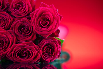 Fototapeta na wymiar Bunch of roses on the bokeh background. Women’s day gift. 