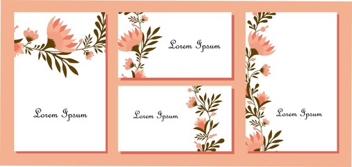 Floral design for wedding invitation card template, flowers in folk style. Template design with detailed, vector, decorative stylized spring flowers