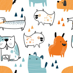 Vector hand-drawn color seamless repeating childish simple pattern with cute dogs in Scandinavian style on a white background. Trendy scandinavian vector background. Dogs print. Cute animals. Pets. © ZHUKO