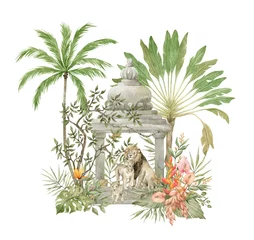  Watercolor composition with lions family, old jungle architecture, palm trees, flowers, leaves, plants. Eden garden, tropical paradise. Wild animals and greenery. Colorful tropical wildlife © Kate K.