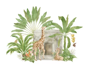  Watercolor composition with giraffe, old jungle architecture, palm trees, leaves and plants. Tropical animals and nature.  © Kate K.