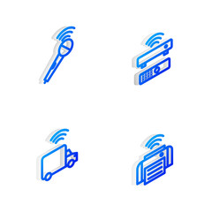 Set Isometric line Wireless TV box receiver, microphone, Smart truck and printer icon. Vector.