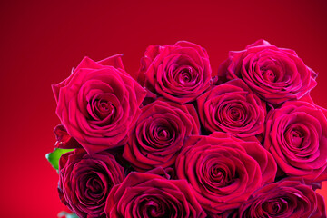 Bunch of roses on the bokeh background. Women’s day gift. 