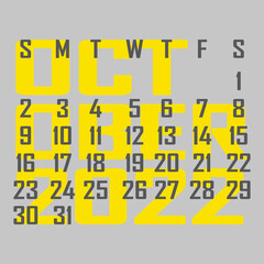 Letter calendar for October 2022. The week begins on Sunday. Time, planning and schedule concept. Flat design. Removable calendar for the month. Vector