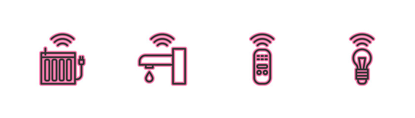 Set line Smart heating radiator, remote control, water tap and light bulb icon. Vector.