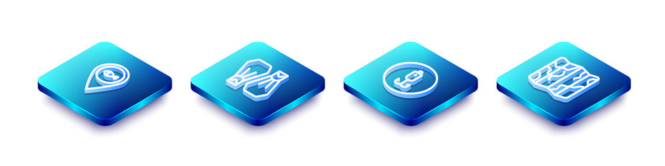 Set Isometric line Location fishing, Rubber flippers for swimming, Fishing hook and Folded map icon. Vector. © vector_v